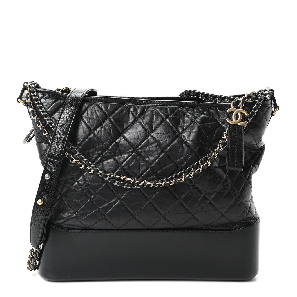 Aged Calfskin Quilted Large Gabrielle Hobo Black