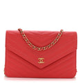 Shiny Goatskin Chevron Quilted Statement Wallet On Chain WOC Red