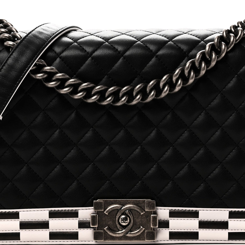 Calfskin Quilted Checkerboard Trim New Medium Boy Flap Black White