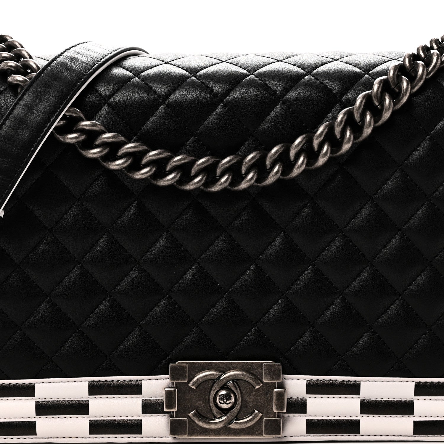 Calfskin Quilted Checkerboard Trim New Medium Boy Flap Black White