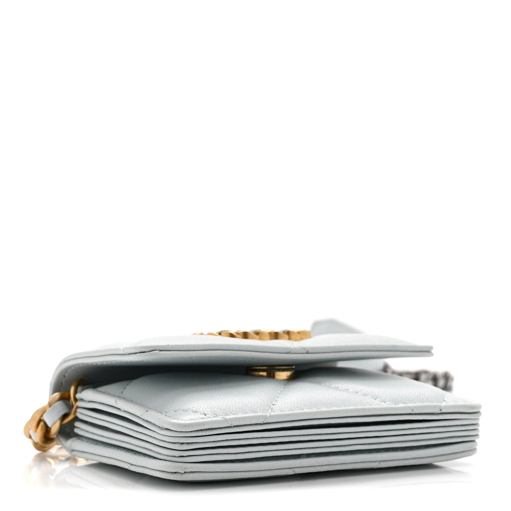 Lambskin Quilted Chanel 19 Flap Card Holder With Chain Light Blue