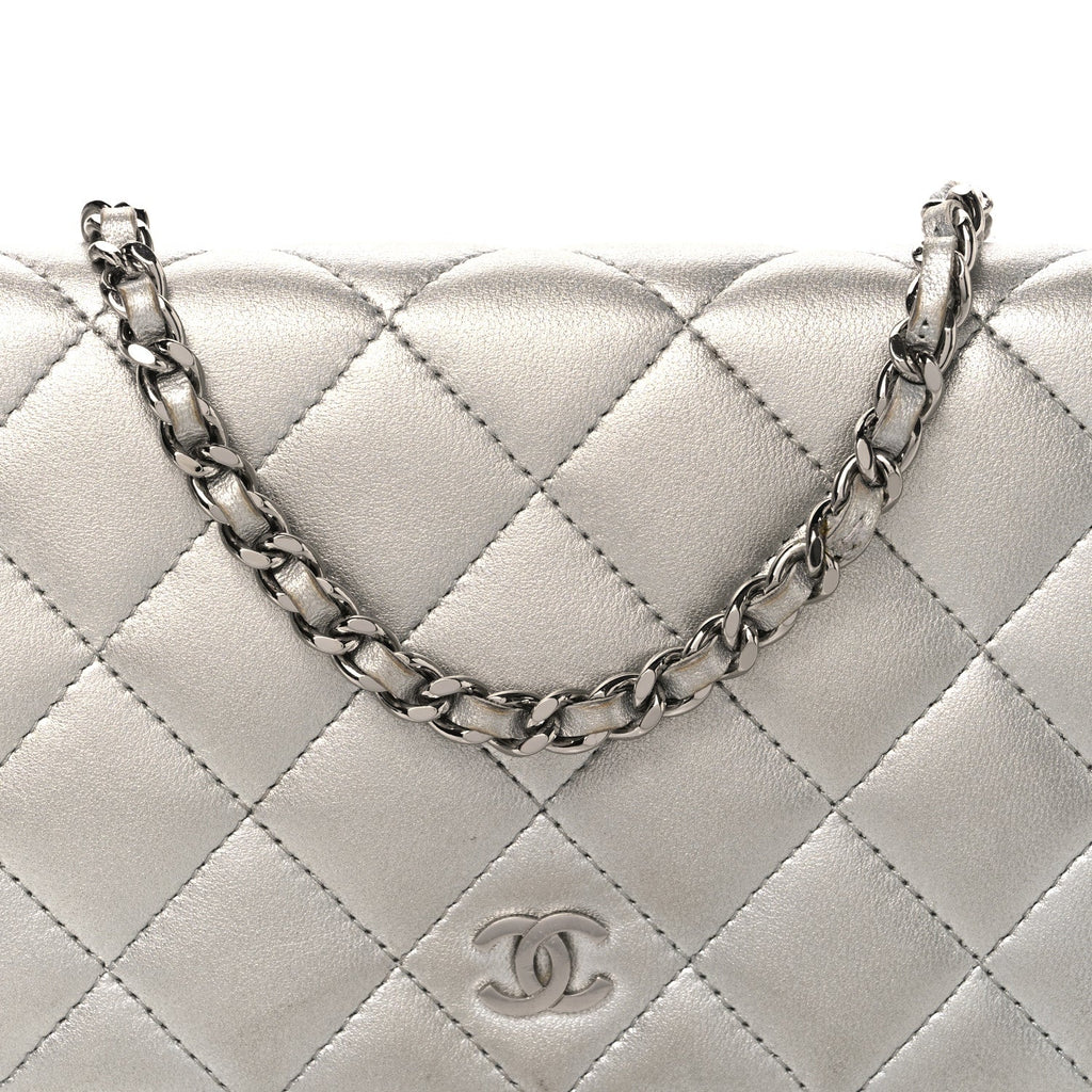 Metallic Lambskin Quilted Wallet On Chain WOC Silver