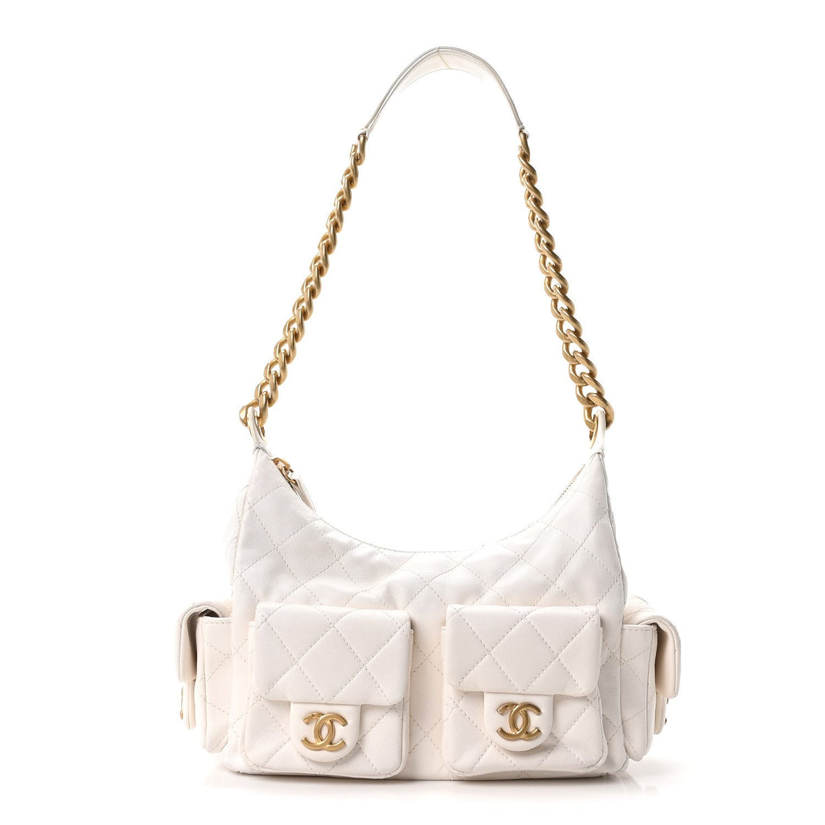 Shiny Lambskin Quilted Trendy Pockets Hobo White