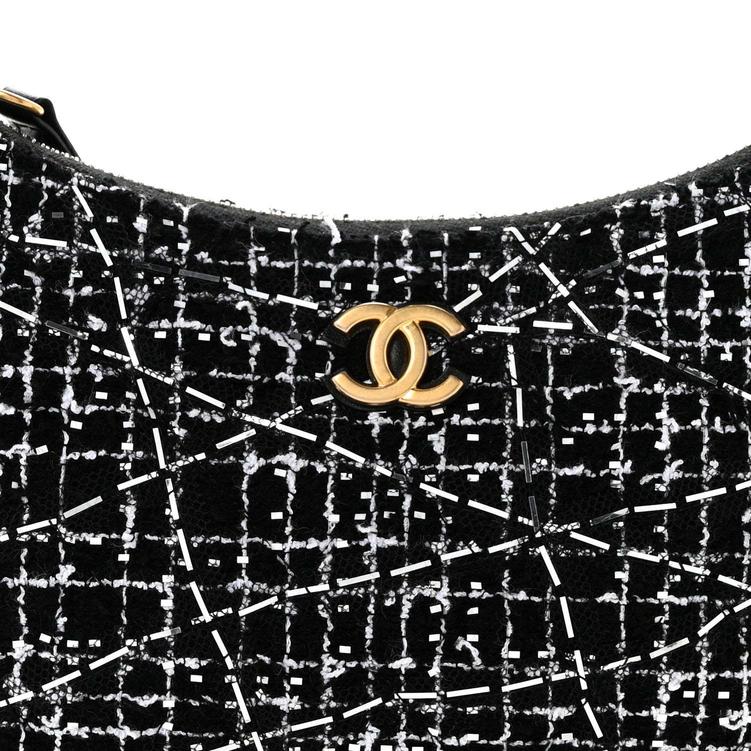Tweed Sequin Quilted Trendy Chain Around Hobo Black White