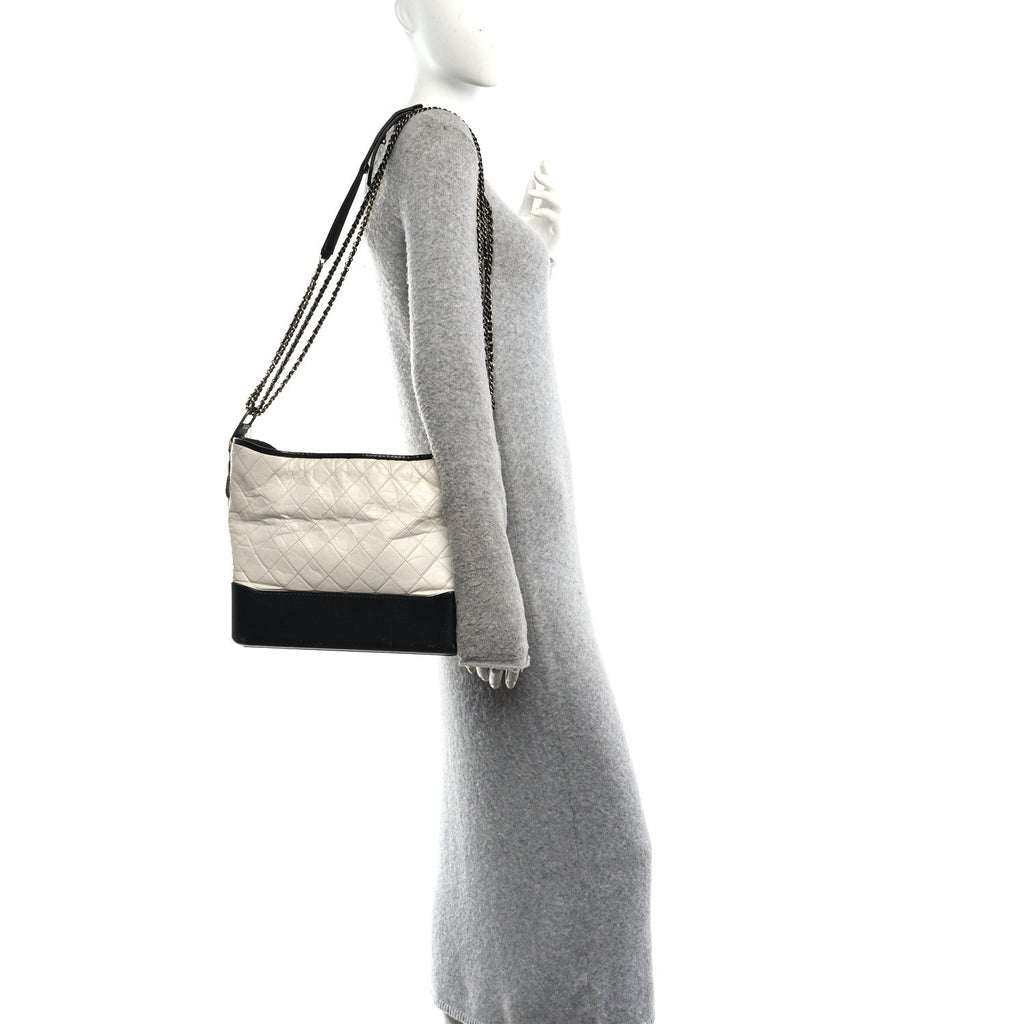 Aged Calfskin Quilted Large Gabrielle Hobo White Black