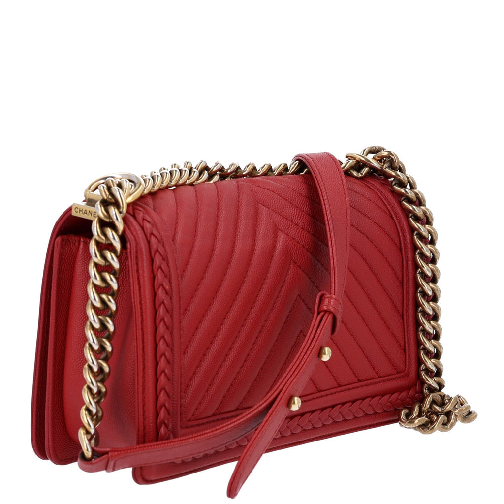 Caviar Chevron Quilted Braided Medium Boy Flap Red