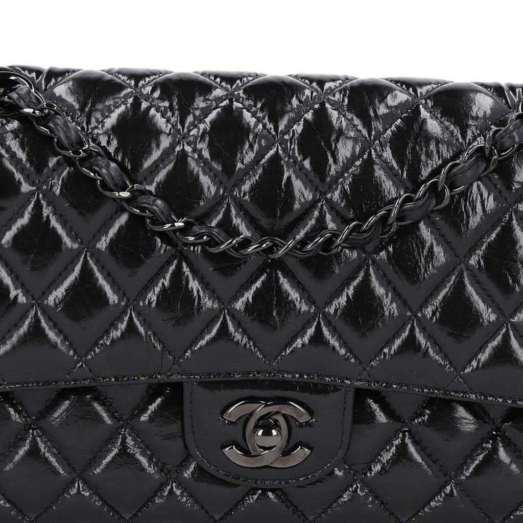 Shiny Crumpled Calfskin Quilted Medium Double Flap So Black