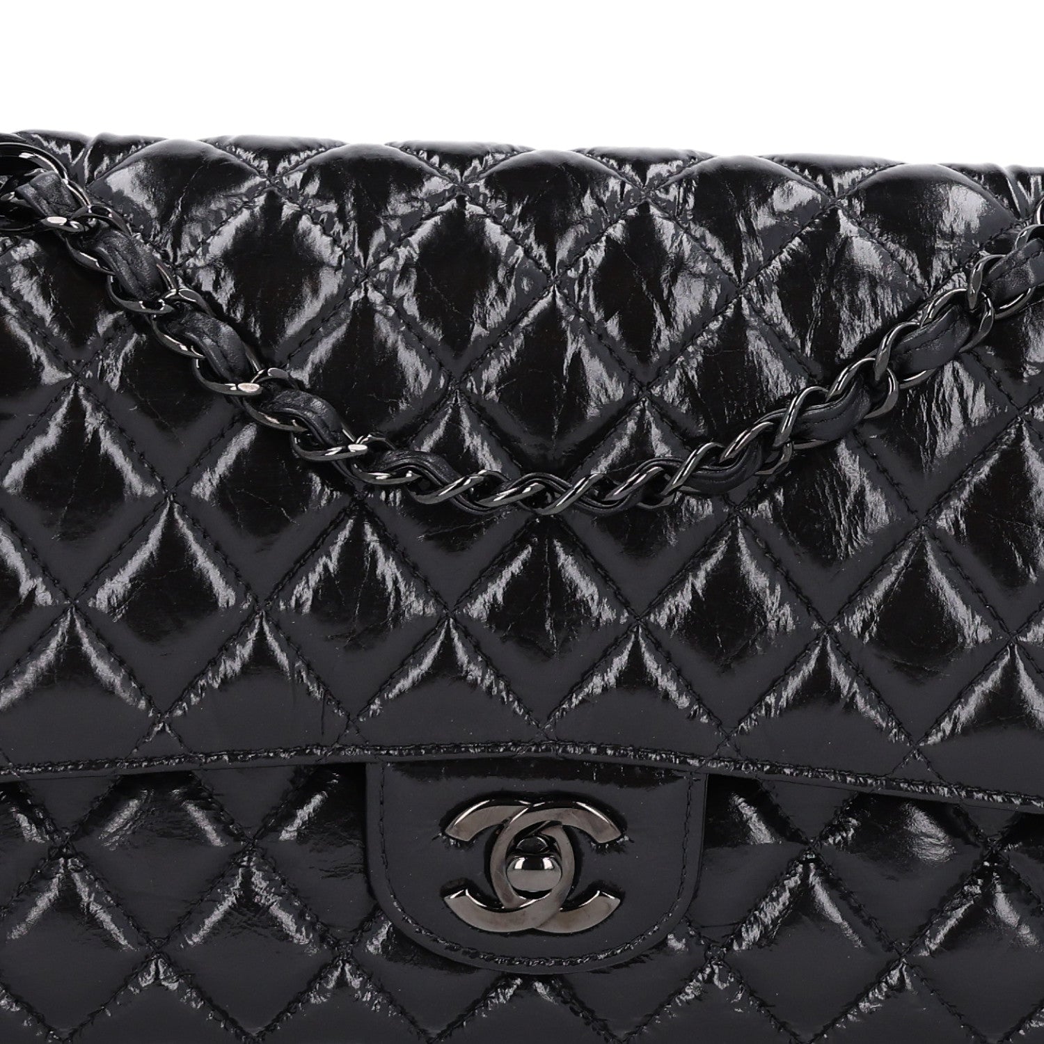 Shiny Crumpled Calfskin Quilted Medium Double Flap So Black