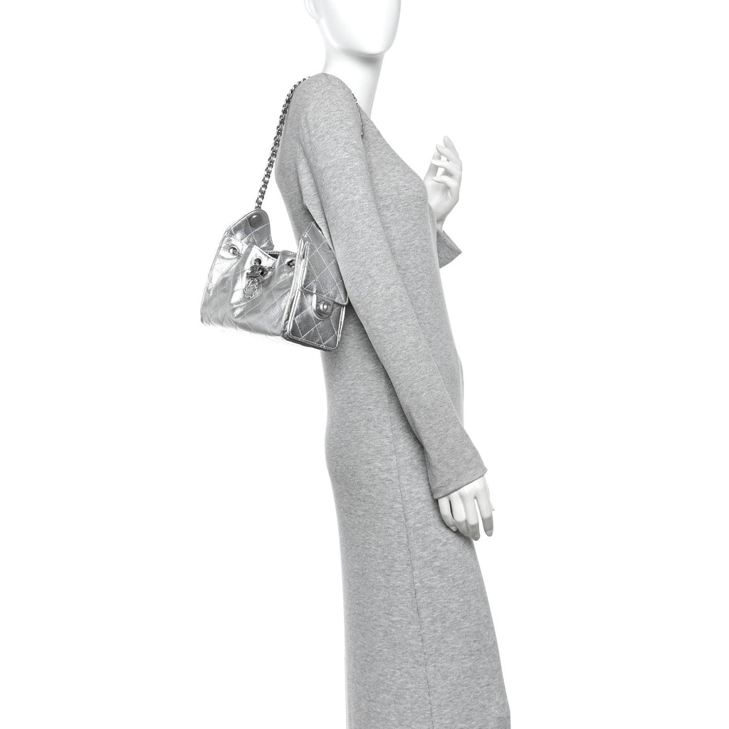 Metallic Caviar Quilted Mini Chanel 25 Handbag Silver