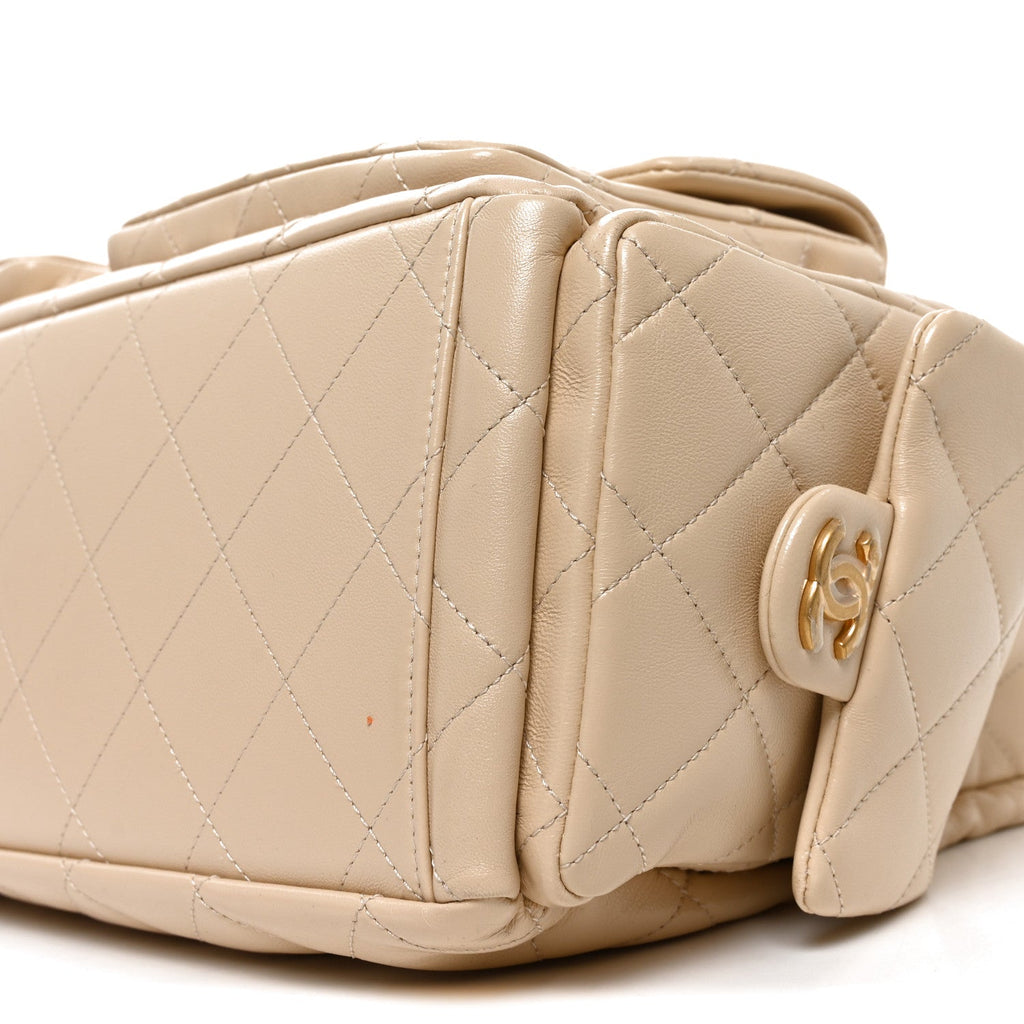Shiny Lambskin Quilted Maxi Trendy Pockets Hobo Beige