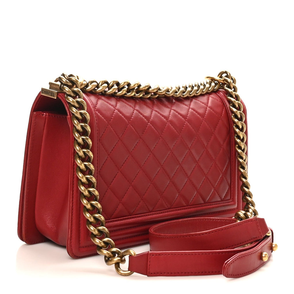 Lambskin Quilted Medium Boy Flap Dark Red