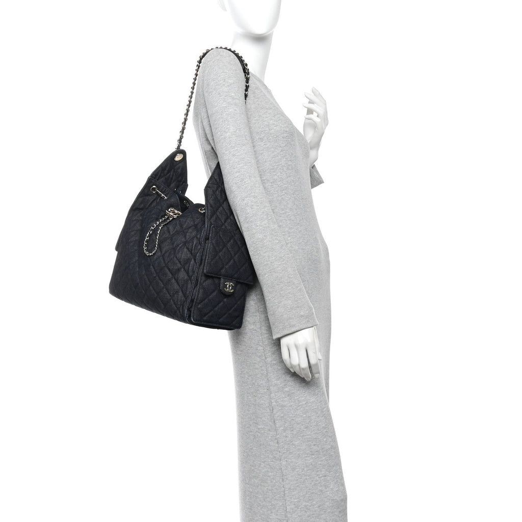 Denim Quilted Medium Chanel 25 Handbag Dark Blue
