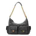 Shiny Lambskin Quilted Trendy Pockets Hobo Dark Grey