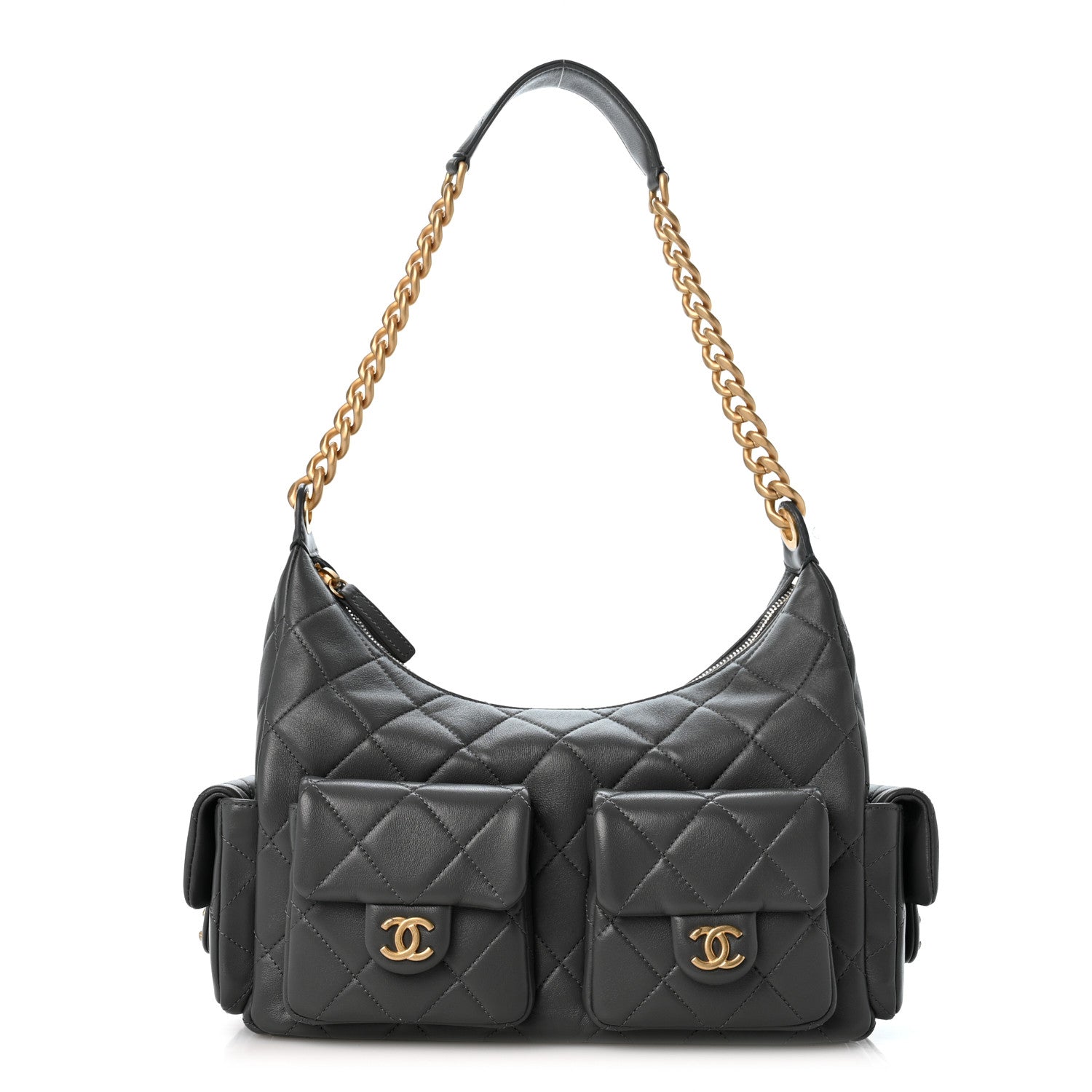 Shiny Lambskin Quilted Trendy Pockets Hobo Dark Grey
