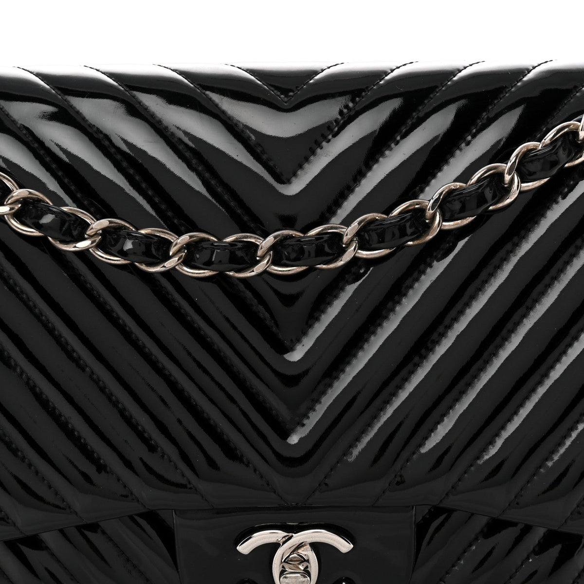 Patent Chevron Quilted Jumbo Double Flap Black