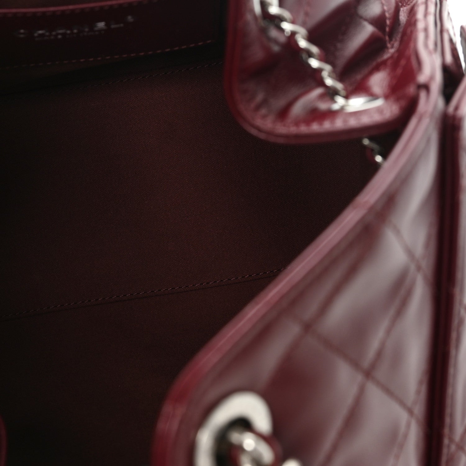 Shiny Crumpled Calfskin Quilted Small Chanel 25 Handbag Burgundy