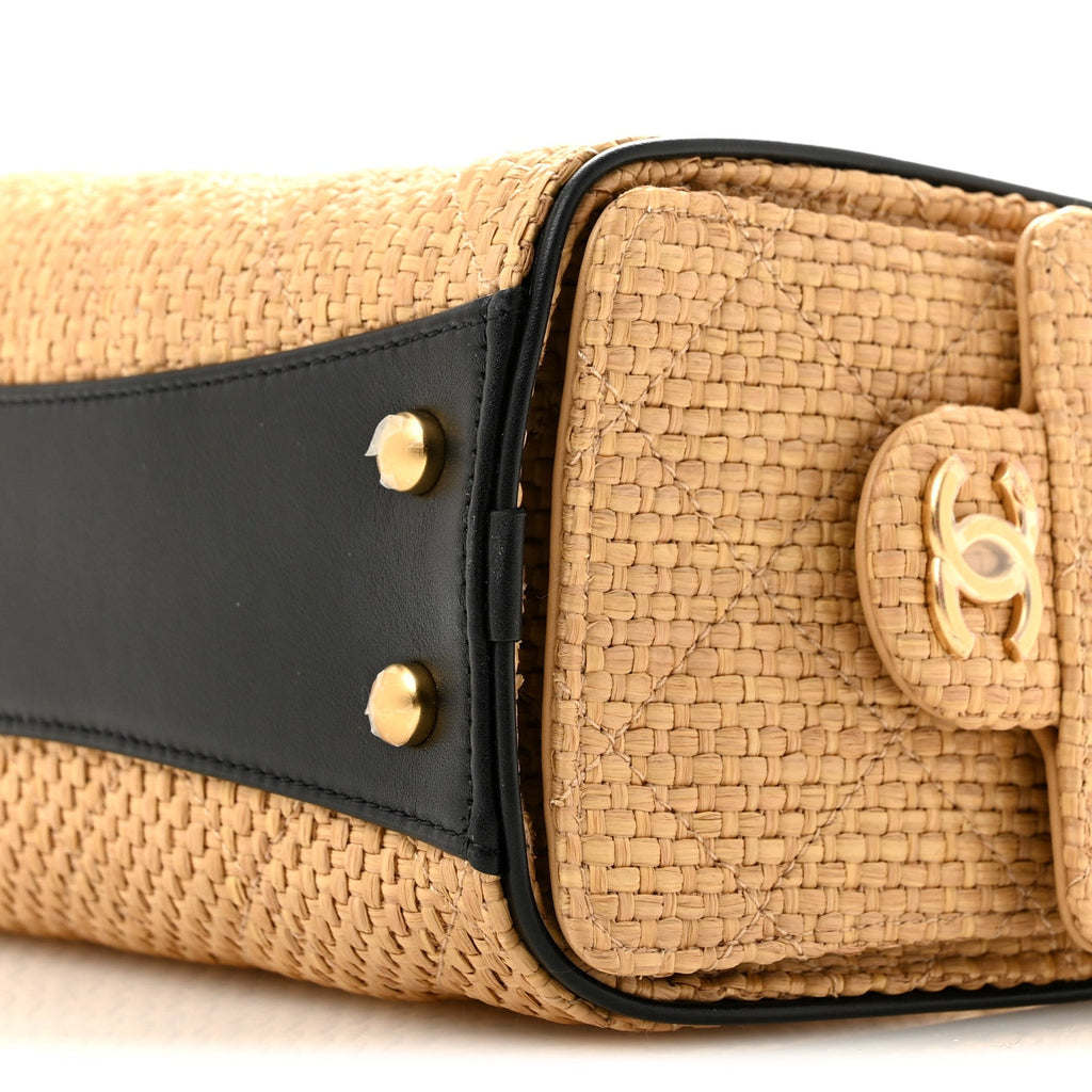Braided Raffia Calfskin Quilted Mini Chanel 25 Handbag Beige Black