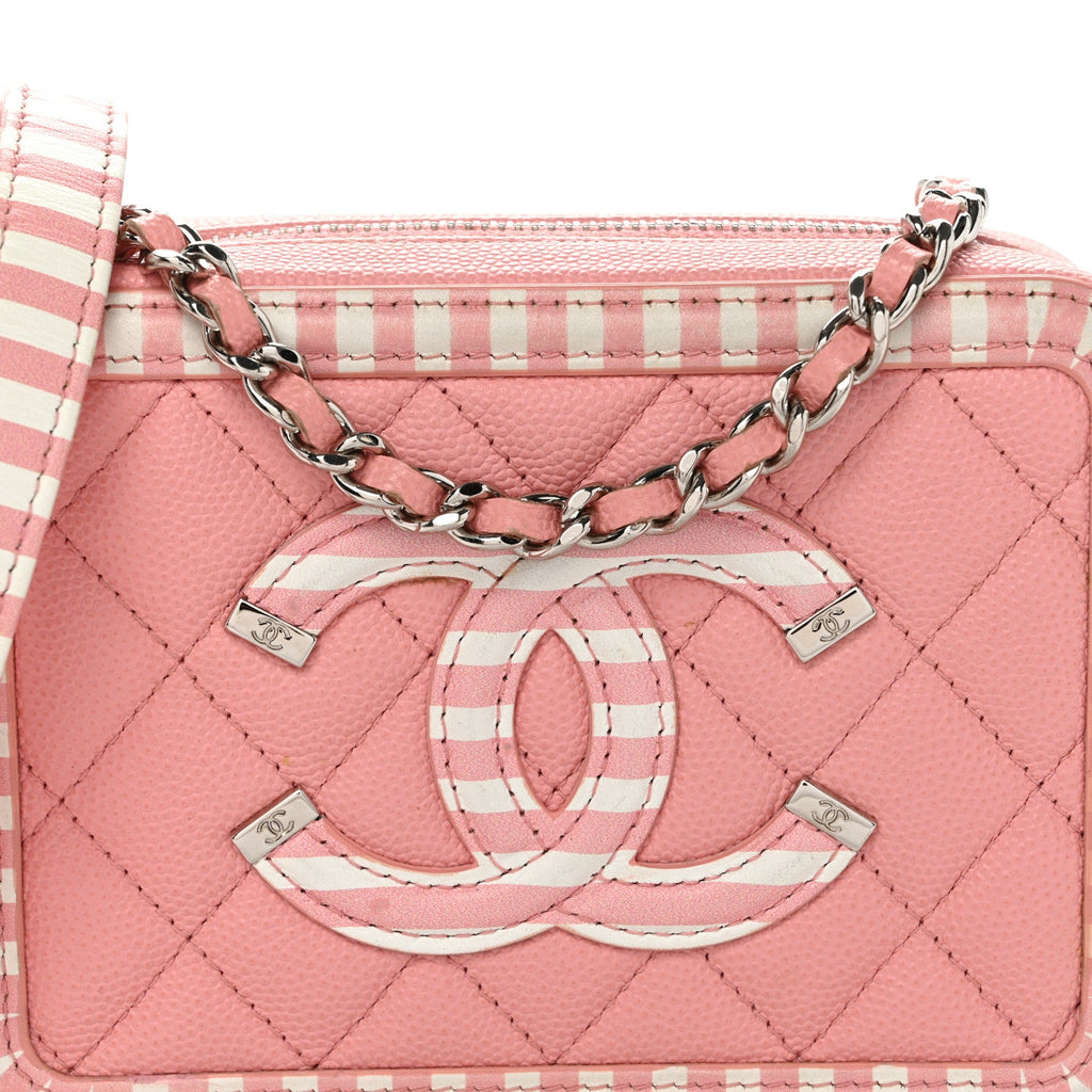 Caviar Quilted Striped CC Filigree Clutch With Chain Pink White