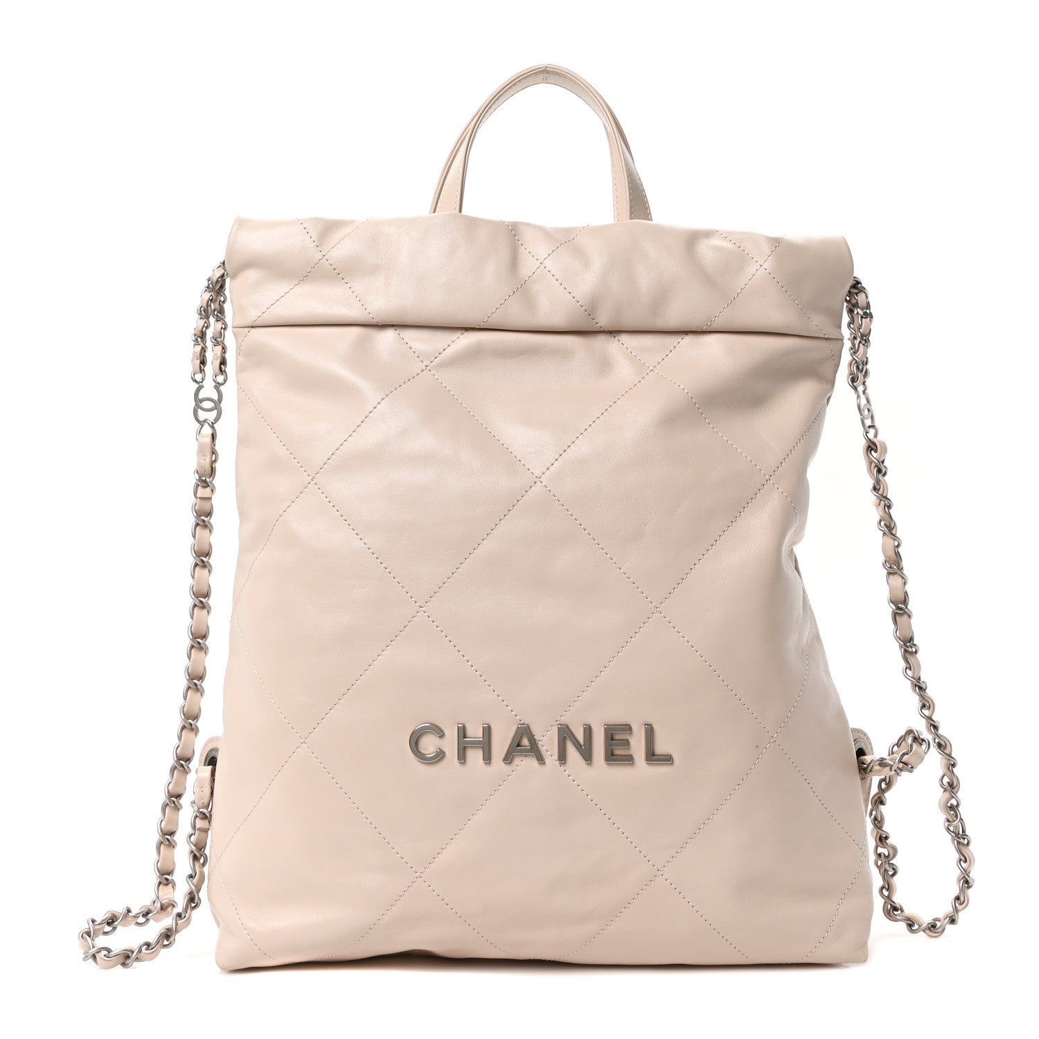Shiny Calfskin Quilted Chanel 22 Backpack Beige