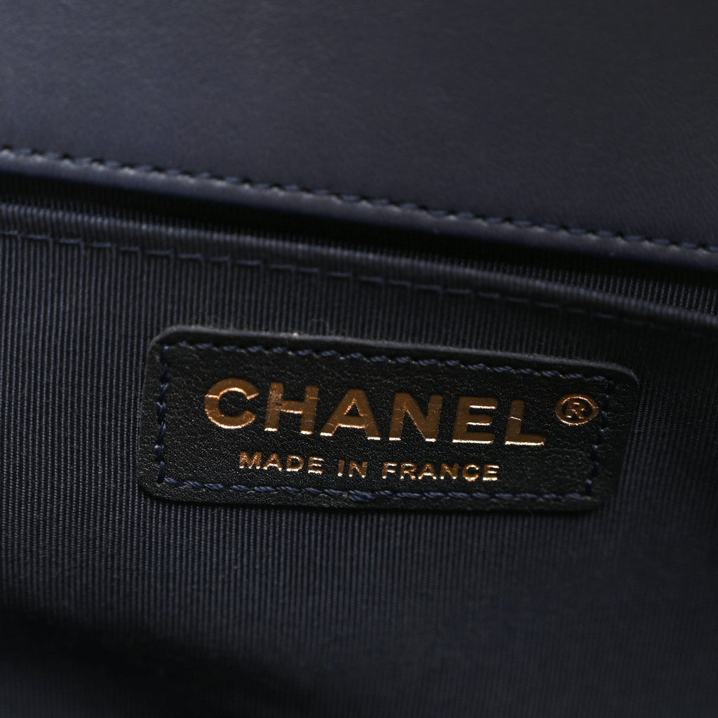 Lambskin Braided Woven Medium Boy Flap  Navy