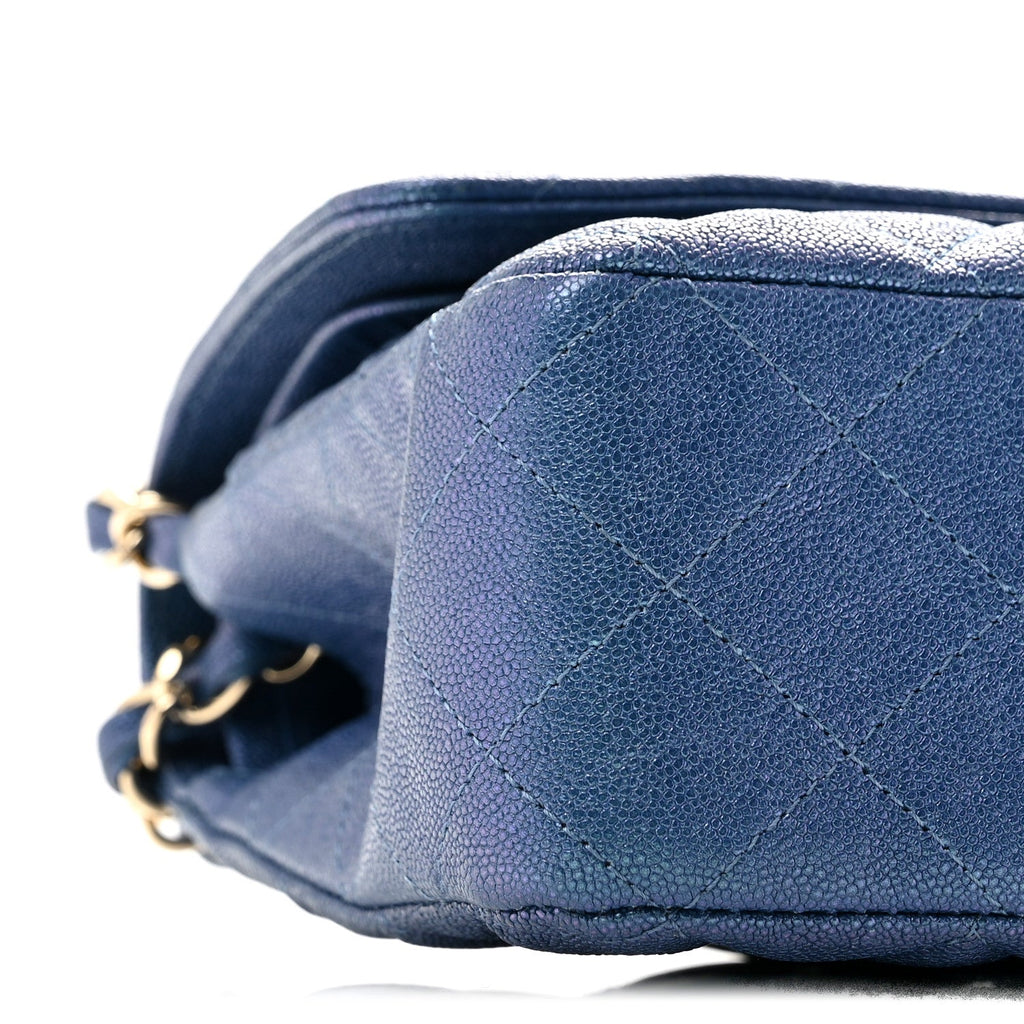 Iridescent Caviar Quilted Medium Double Flap Dark Blue
