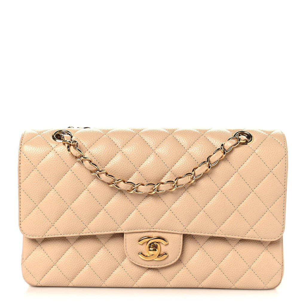 Caviar Quilted Medium Double Flap Beige