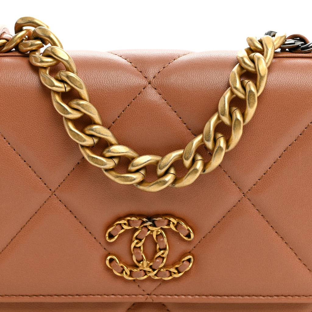Lambskin Quilted Chanel 19 Wallet On Chain WOC Brown