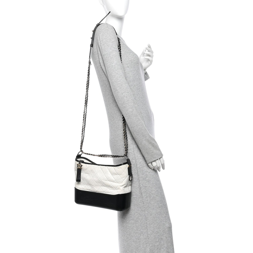 Aged Calfskin Quilted Medium Gabrielle Hobo Black White
