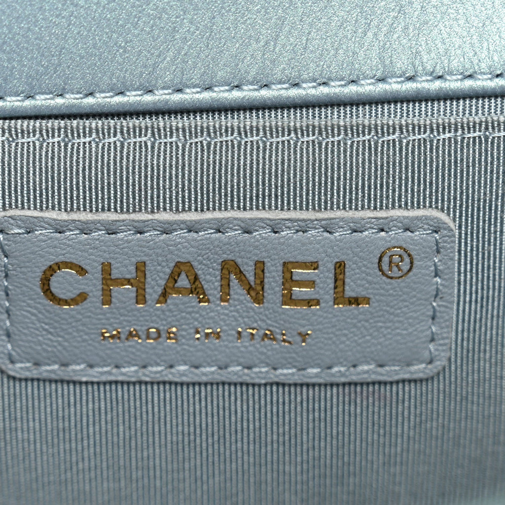Iridescent Patent Calfskin Quilted Medium Boy Flap Light Blue