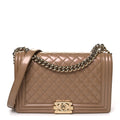 Iridescent Glazed Calfskin Quilted New Medium Boy Flap Dark Beige