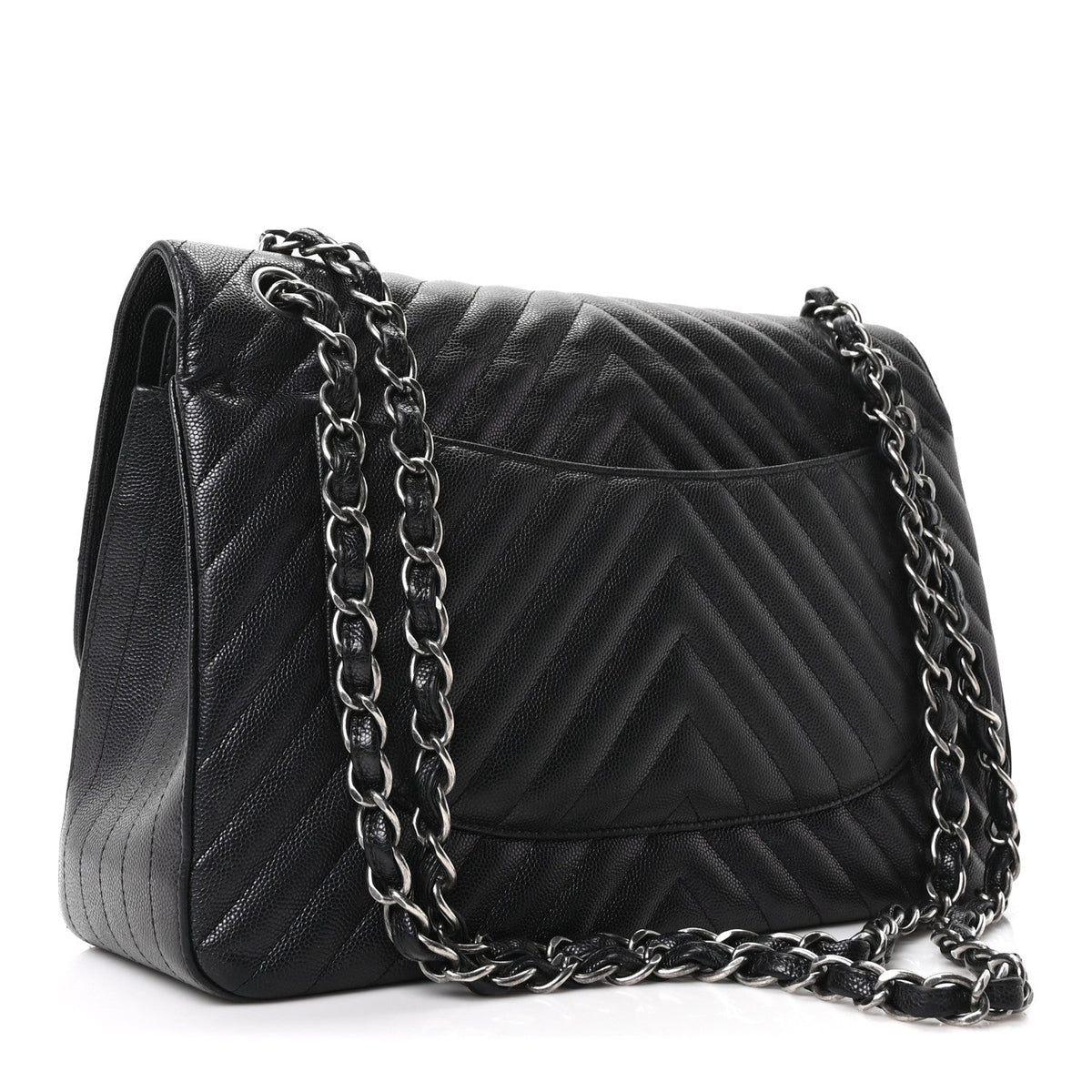 Iridescent Caviar Chevron Quilted Jumbo Double Flap Black
