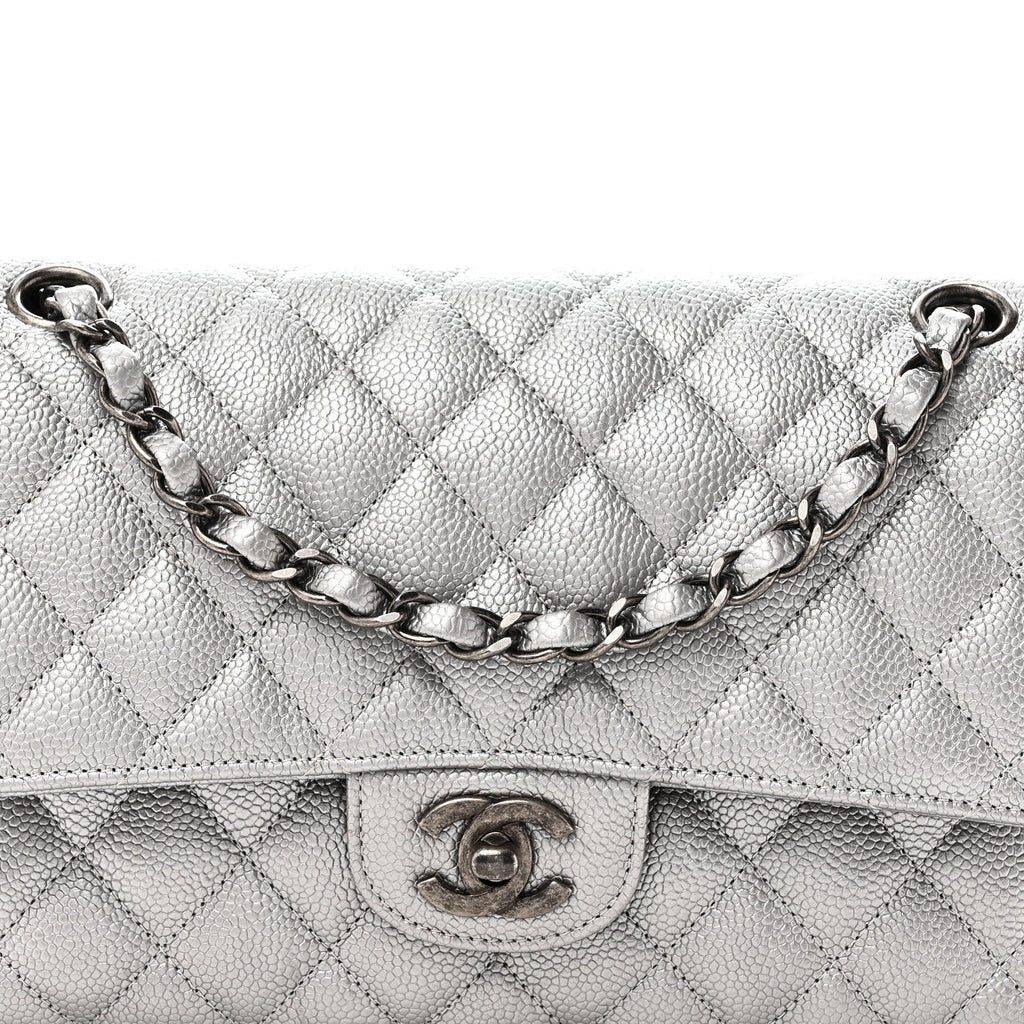 Metallic Caviar Quilted Medium Double Flap Silvery