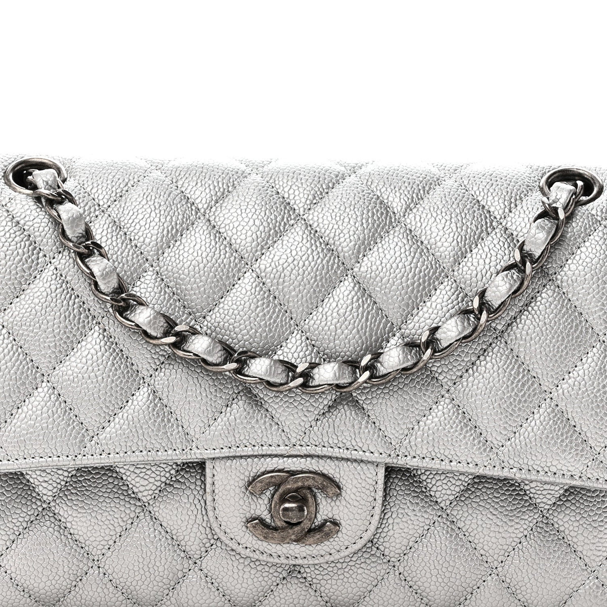 Metallic Caviar Quilted Medium Double Flap Silvery