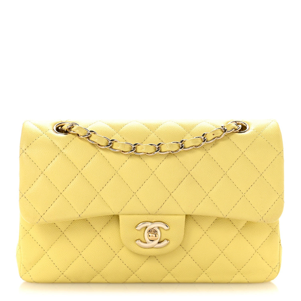 Caviar Quilted Small Double Flap Light Yellow