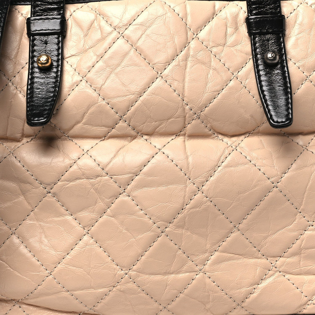 Aged Calfskin Quilted Medium Gabrielle Shopping Tote Beige Black