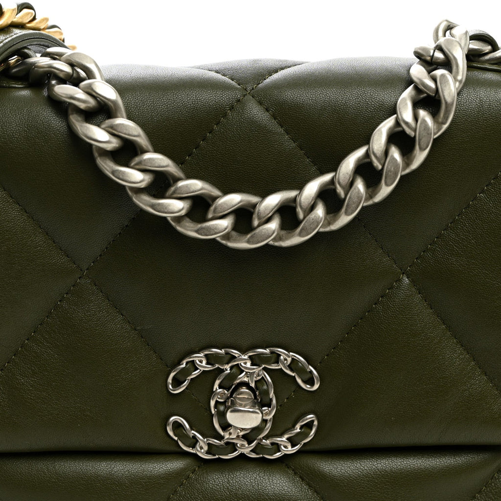 Lambskin Quilted Medium Chanel 19 Flap Khaki