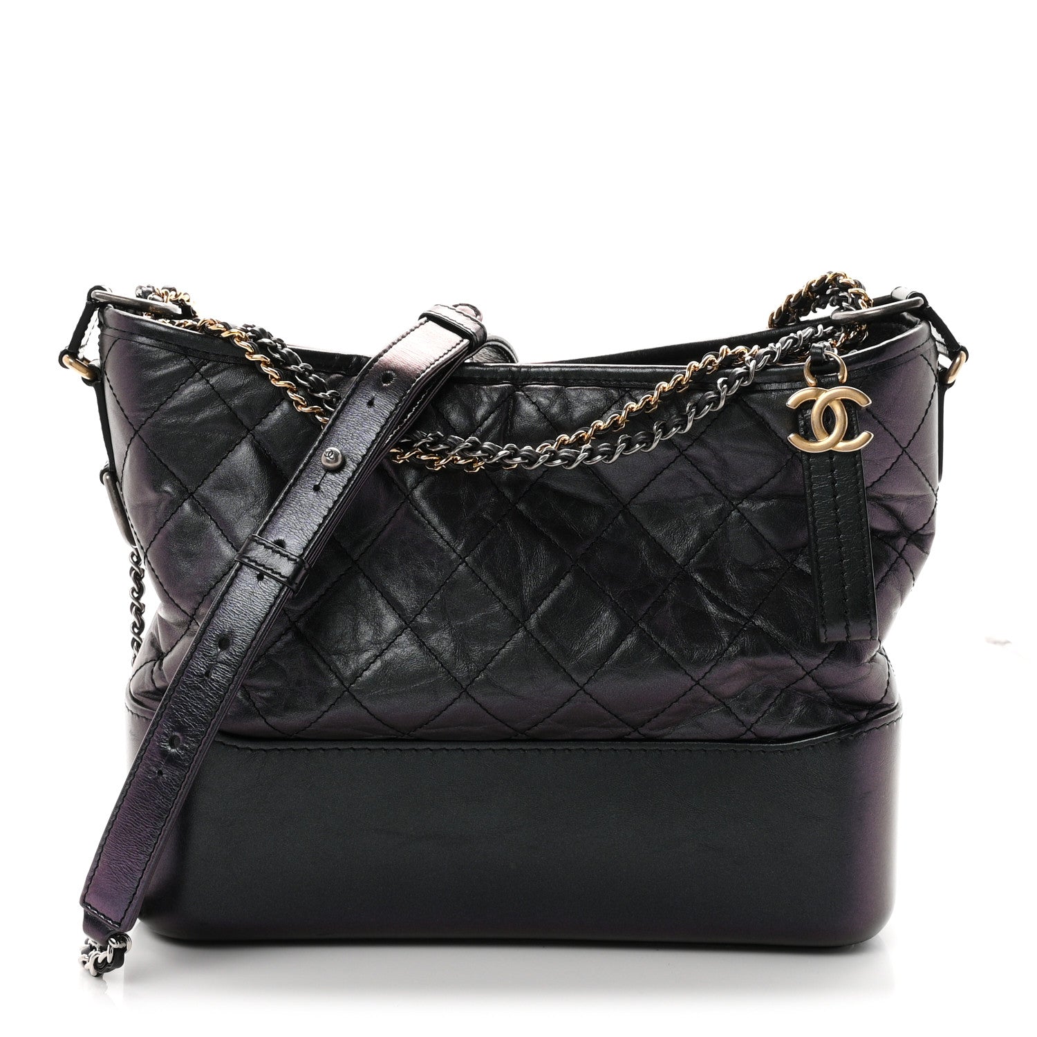Iridescent Aged Calfskin Quilted Medium Gabrielle Hobo Black