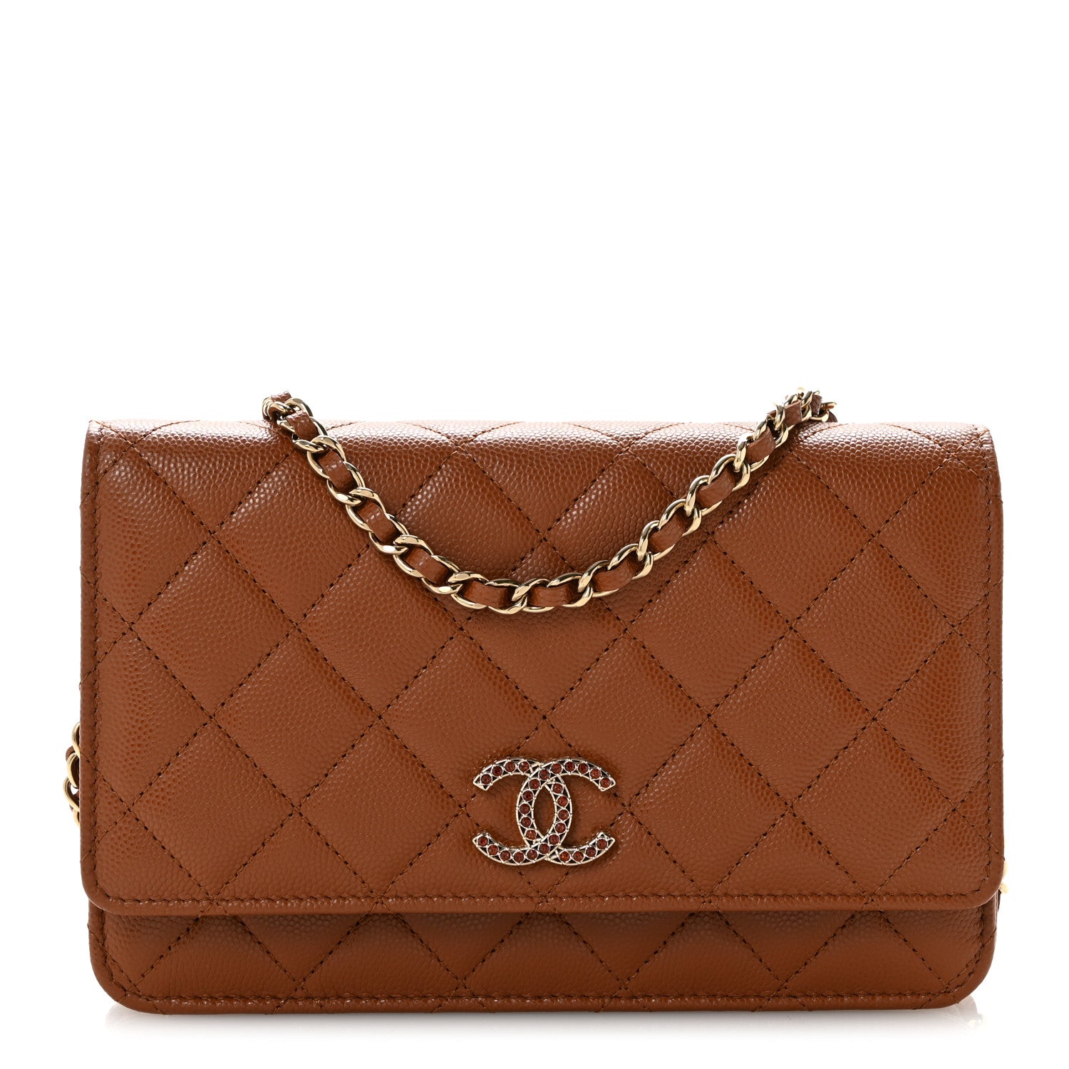 Shiny Caviar Quilted Strass Wallet On Chain WOC Light Brown