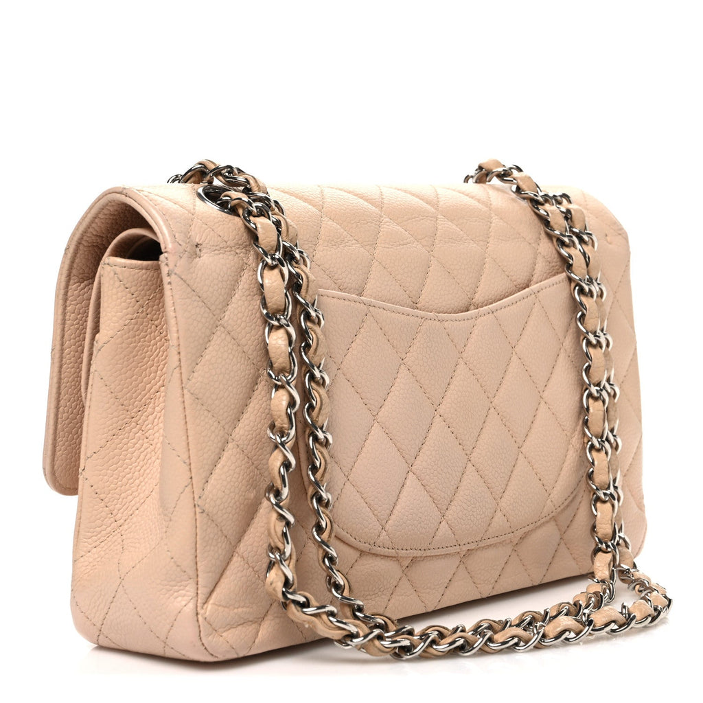 Caviar Quilted Medium Double Flap Beige