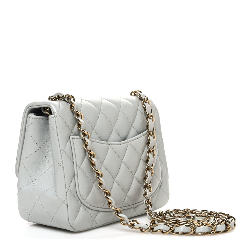 Lambskin Quilted Mini Square Flap Light Grey