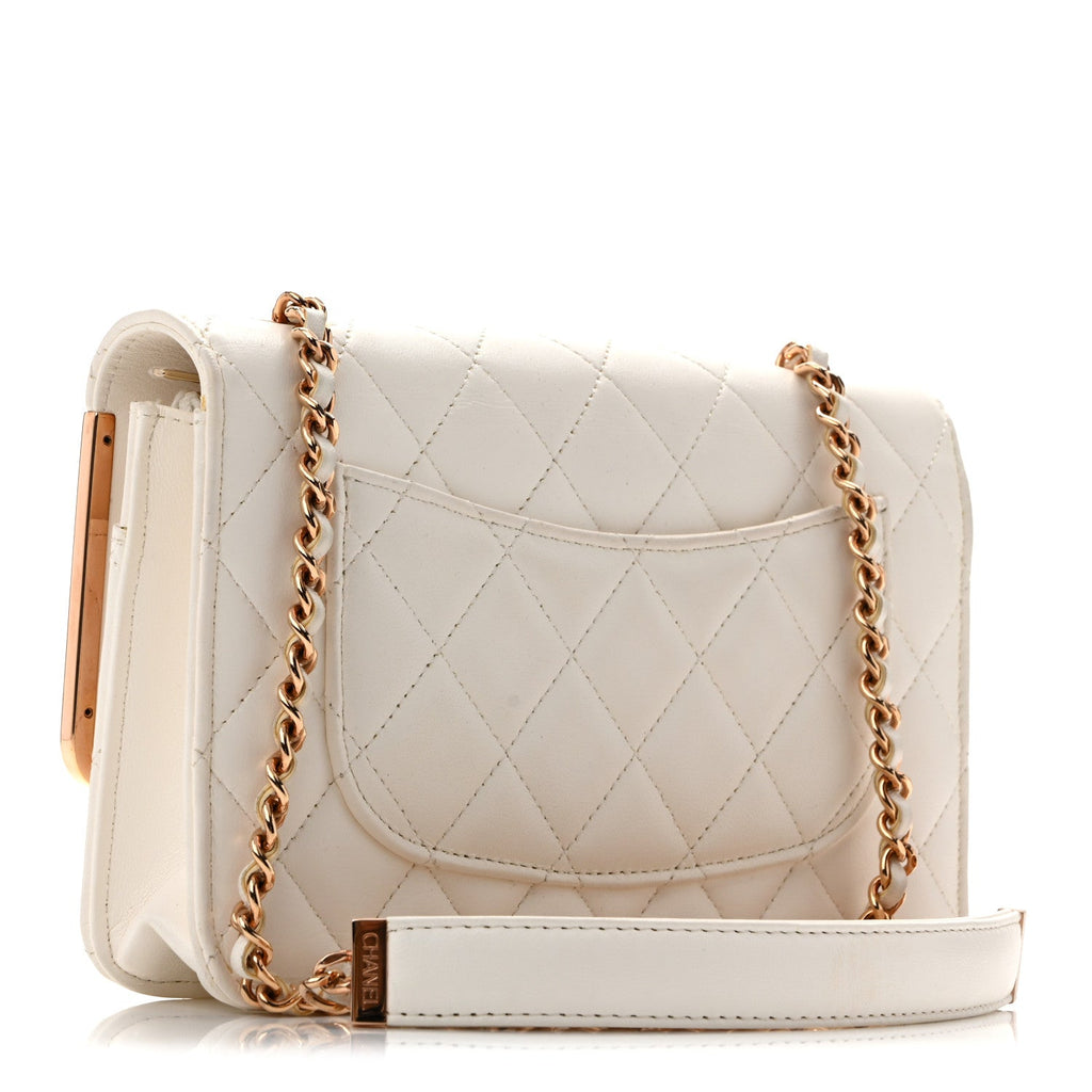 Lambskin Quilted Frame Wallet On Chain WOC White