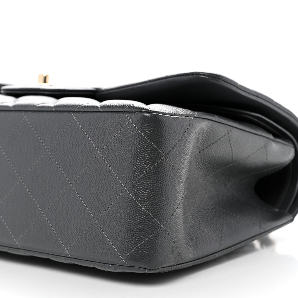 Caviar Quilted Jumbo Double Flap Dark Grey