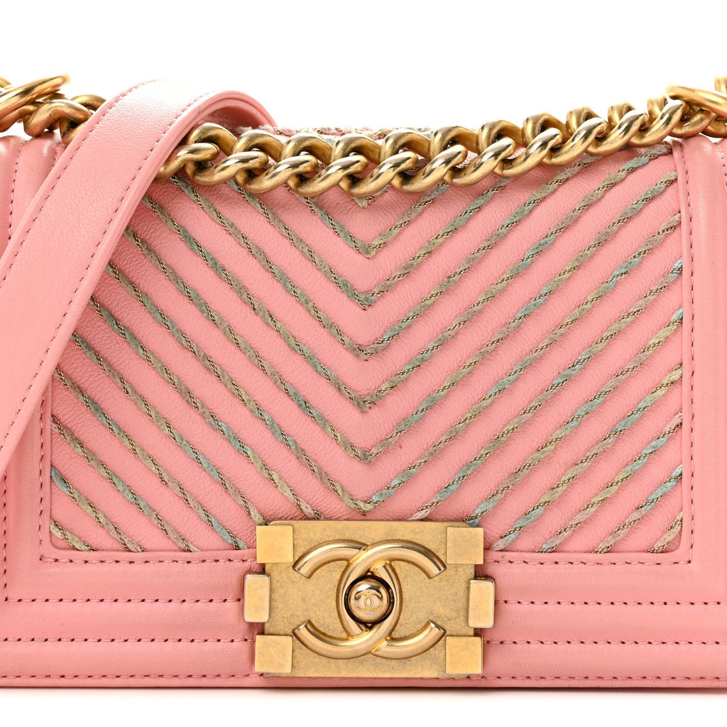 Calfskin Chevron Embroidered Small Boy By The Sea Flap Pink