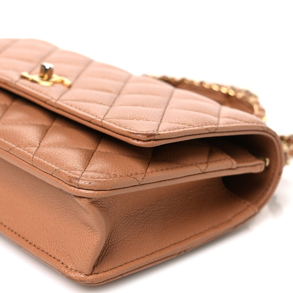 Shiny Caviar Quilted Pick Me Up Wallet On Chain WOC Beige