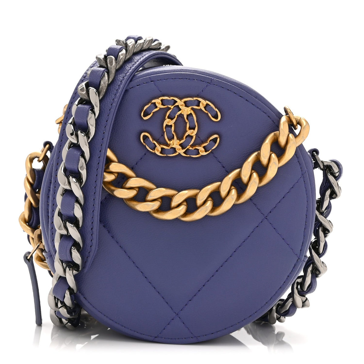 Lambskin Quilted Chanel 19 Round Clutch With Chain Purple