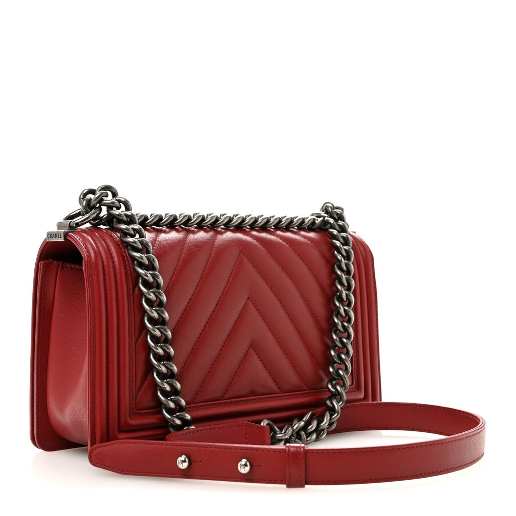 Calfskin Chevron Quilted Medium Boy Flap  Dark Red