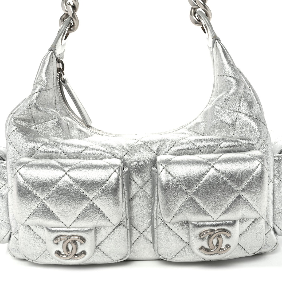 Metallic Lambskin Quilted Trendy Pockets Hobo Silver