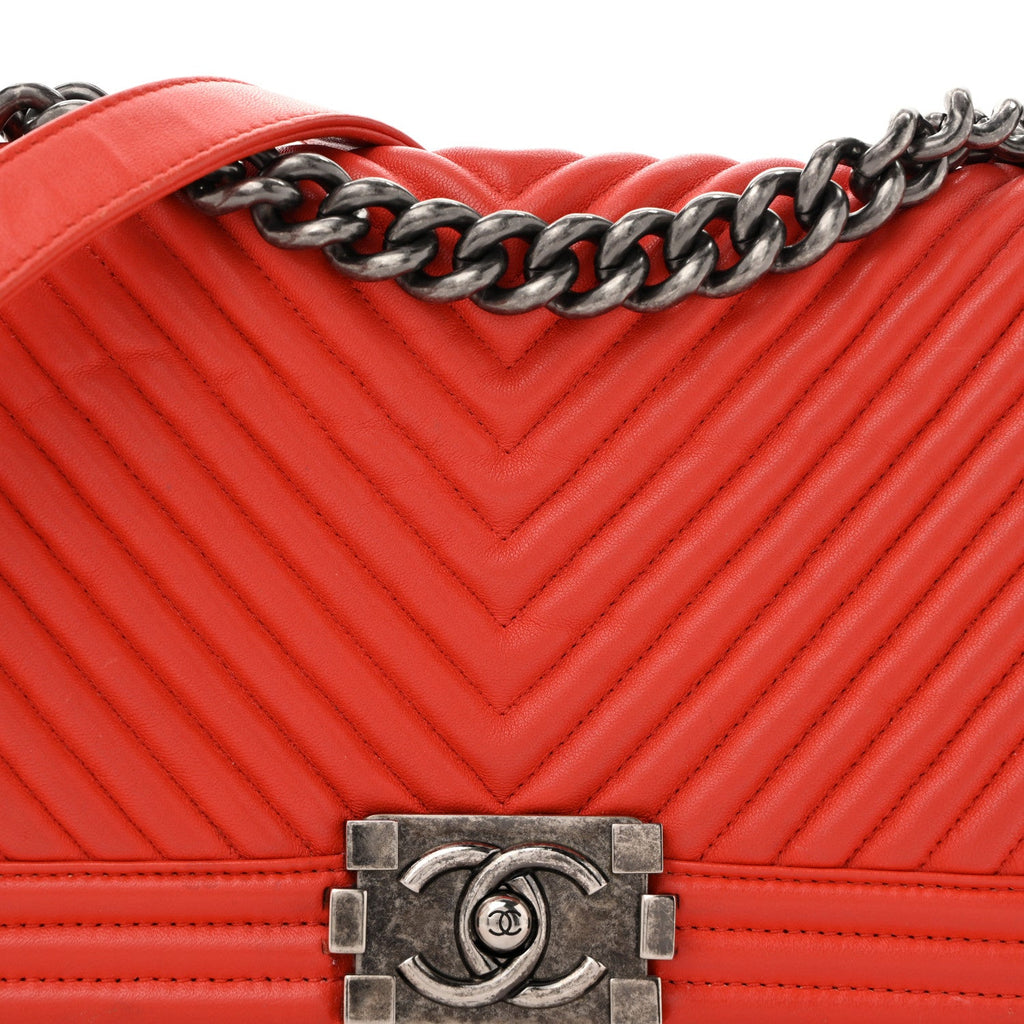 Wrinkled Lambskin Chevron Quilted Medium Boy Flap Orange