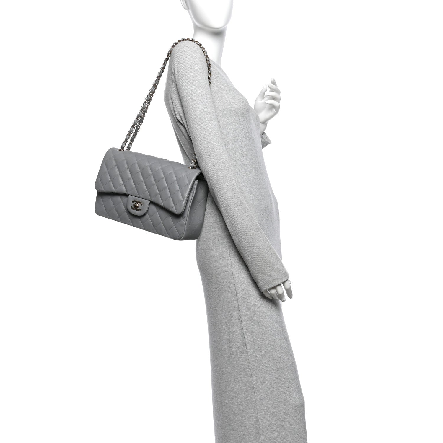 Caviar Quilted Jumbo Double Flap Grey