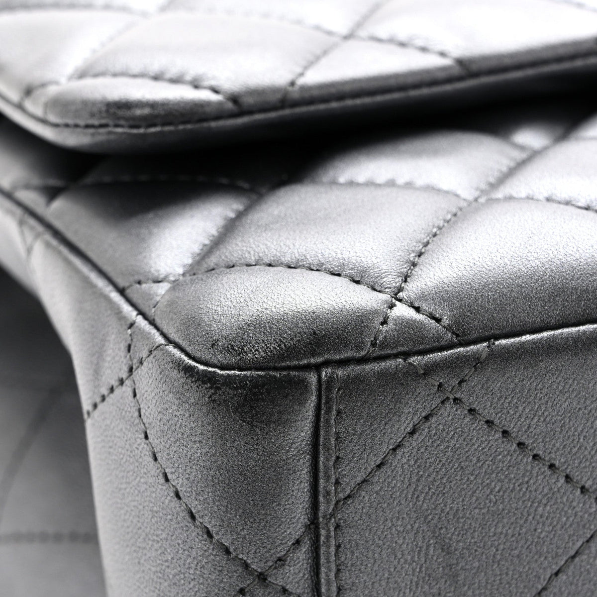 Metallic Lambskin Quilted Maxi Double Flap Pewter